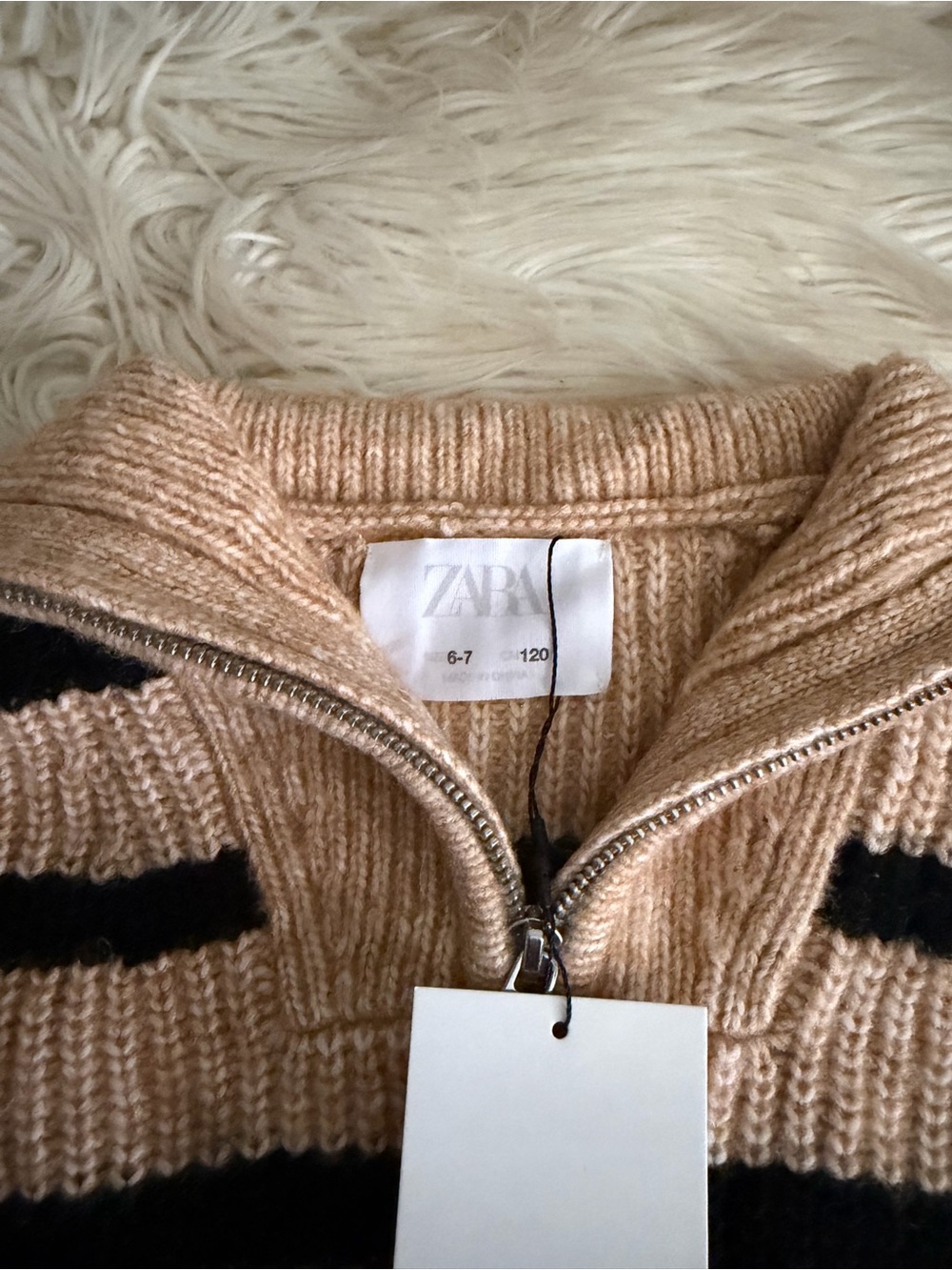ZARA Girls Beige and Black Striped Half-Zip Knit Sweater - Picture 5 of 5